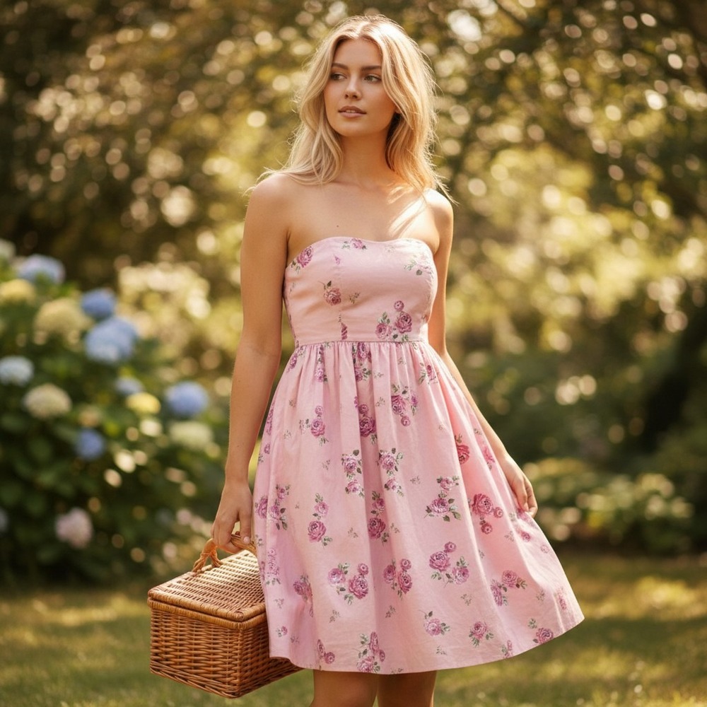 New Pink Floral Strapless Corset Dress Coquet Cotton Feminine Francesca's Medium